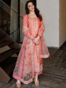 Peach Self Design Silk Kurta For Women