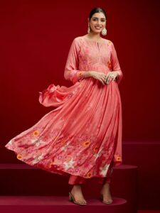 Coral Printed Silk Anarkali Suit