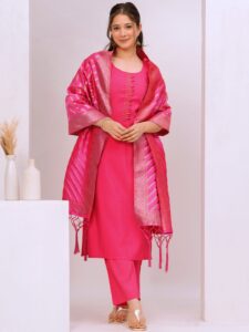 Pink solid silk kurta set