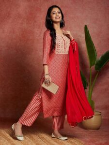 Coral Printed Silk Suit With Dupatta