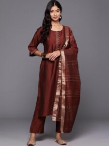 Maroon Solid Silk Blend Kurta set 