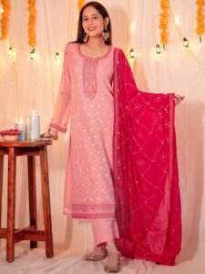 Peach Embroidered Georgette Kurta set 