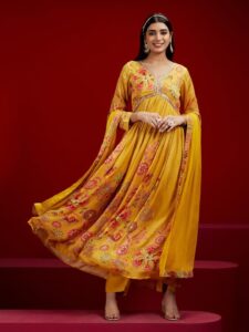 Yellow Printed Silk Anarkali Suit