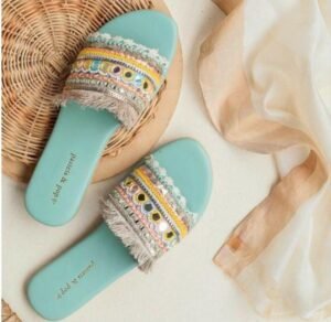 Teal Blue Embroidered Slides